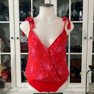 Dee Elly Floral Body Suit Size Small Coral-Red Shoulder Tie
